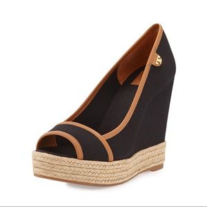 TORY BURCH Wedge Majorca Peep Toe Canvas Black Tan